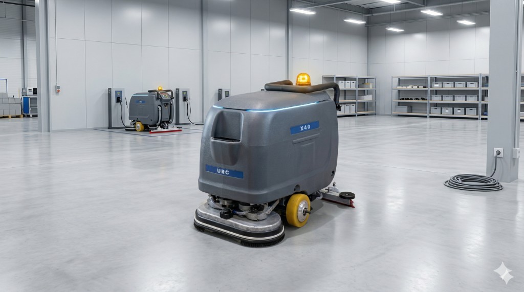 URC X40 autonomous floor scrubber with URC and X40 branding in a modern warehouse with charging station and shelving