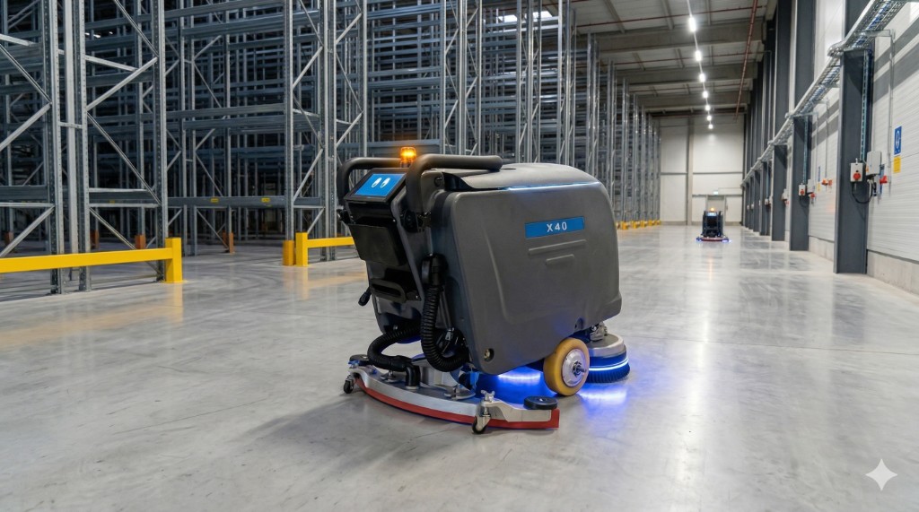 URC X40 autonomous floor scrubber in a large warehouse with industrial shelving and aisle lighting